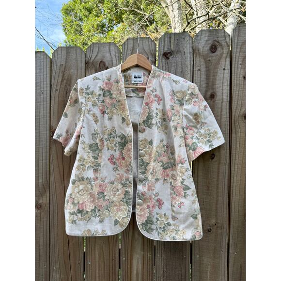 80s Leslie Fay Linen Blend Floral Jacket Blazer Grandmacore Vintage - Picture 2 of 8